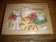 STAMPS HAPPEN MERRY CHRISTMAS CATS 80133 WOOD Rubber Stamp NEW 4X3