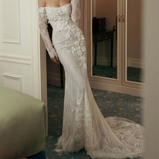 Floral Lace Wedding Dress with Off Shoulder Sleeve Mermaid Strapless Bride Gown