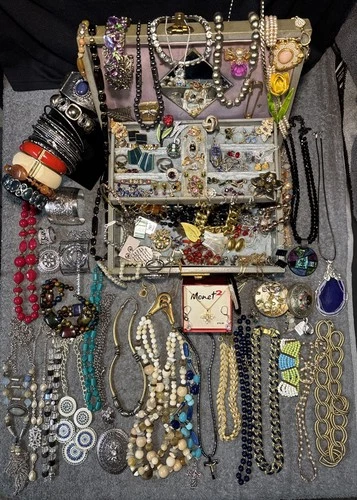 costume jewelry lot Necklaces Earrings Bracelets Rings  Jewelry Box Included