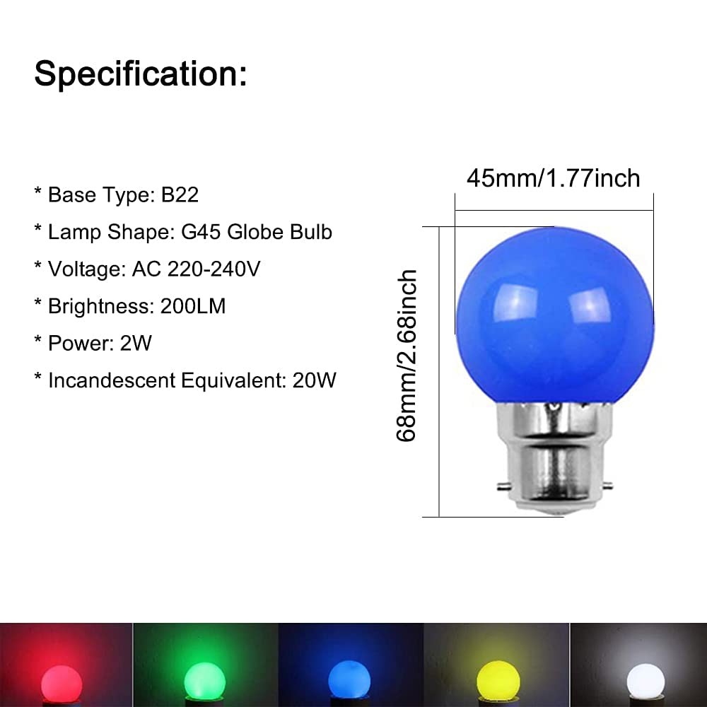 Ampoule B22 LED bleue 2W économie énergie mini globe G45 à baïonnette durable - 2