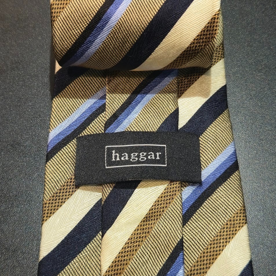 Haggar Gold/Navy Striped 100% Silk Tie Handmade image 5