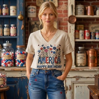 America 250 Years Flag Floral Blouse Shirt 4th of July Cottagecore Patriot Gift