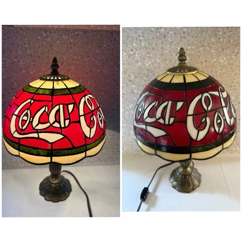 Vintage Coca Cola Tiffany Style PLASTIC Stained Glass Shade Lamp 15” Coke EUC