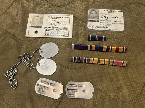 WW2 / Korea USMC Ribbon Bar w Dog Tag / ID Card - Attributed - Flying Cross