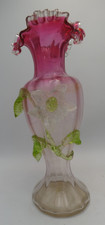 ANTIQUE VICTORIAN CRANBERRY GREEN URANIUM GLASS APPLIED FLOWERS LEAVES VASE