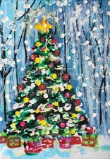 ACEO Original Painting XMAS TREE Landscape Winter Gifts Snow Holiday ATC ART
