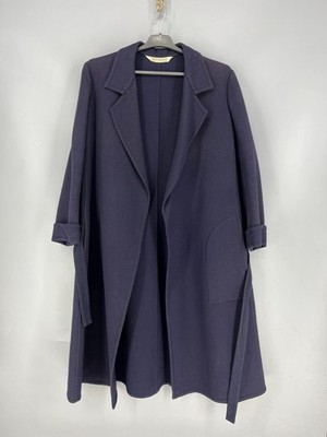 Vintage Max Mara Navy Belted Open Front Coat Womens Wrap Size L 