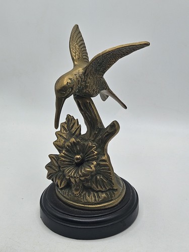 Vintage Brass Hummingbird W/Flower Figurine On Wooden Base. 6.25"