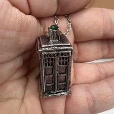 Doctor Who Dr. Who Tardis Police Box Pendant & Necklace Silver Green Stone 20