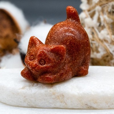 Gold Sandstone Crystal Cat Carving Decor Animal Figurine Goldstone Pet Memory