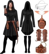 7 PCS Renaissance Costume Women Medieval Hooded Robe Lace Up Dress...