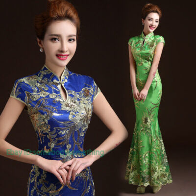 Cheongsam QiPao Women Chinese Ball Gown Fishtail Evening Long Dress Wedding
