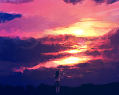 Anime women girls outdoors nature sky orange clouds Playmat Gaming Mat Desk
