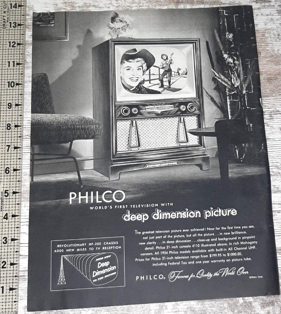 1954 Philco Television Vintage Print Ad Console Set Deep Dimension Picture B&W