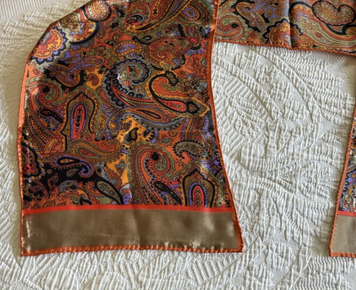 Vintage Boho Chic Style Scarf Rectangle Orange Gold Paisley Satin c12 - Picture 3 of 6