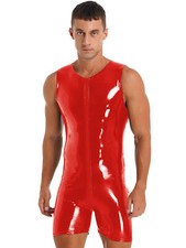 UK Mens Faux Leather Sleeveless Bodysuit Front Zipper Jumpsuit Catsuit Clubwear