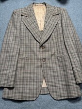 Vintage Mens Suit Jacket Blazer Brown Plaid 37S Short Disco 1970s Chang Yee Nin
