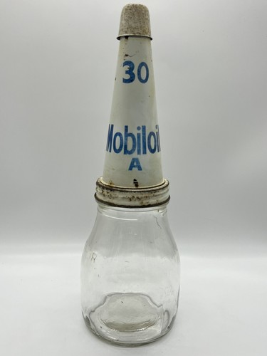 Vintage Mobiloil A 30 Oil Bottle Tin Top Pourer Pint Bottle