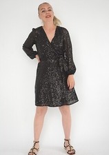 Ex New Look Black Sequin Wrap Long Sleeve Belted Lined Party Mini Dress Size 6