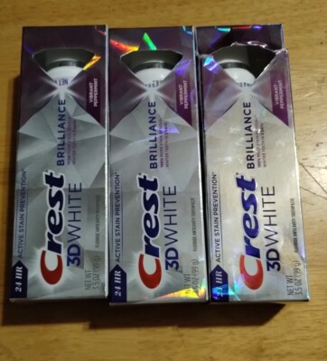 LOT (3) CREST 3D WHITE BRILLIANCE WHITENING TOOTHPASTE VIBRANT PEPPERMINT 3.5 OZ