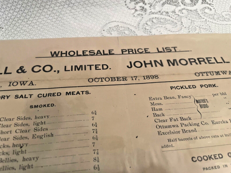 JOHN MORRELL & CO, OTTUMWA, IOWA Pork Packers Price List Sheet October