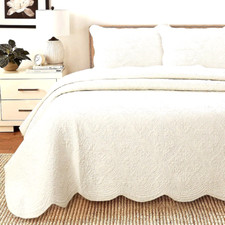 Quilt Set Twin Off White Cotton Scalloped Edge Comforter Pillow Sham Bed Cover