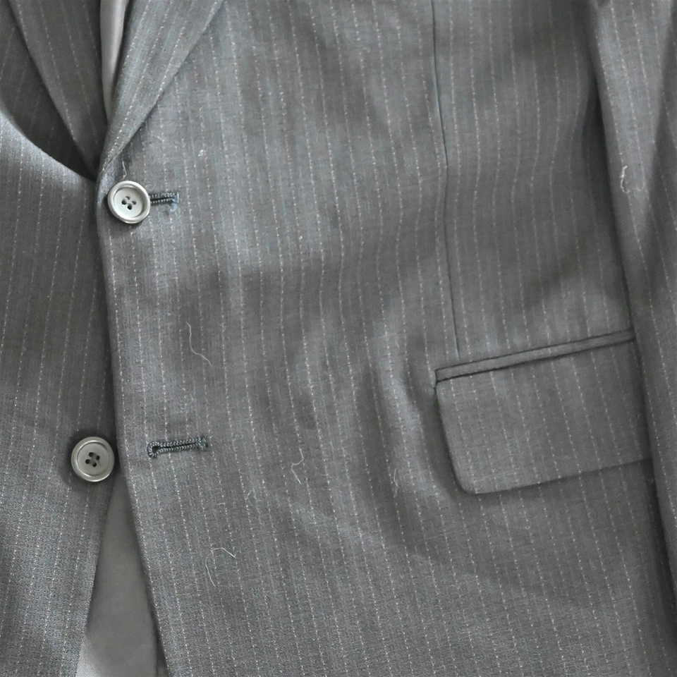 Vtg USA Made 44L 38x30 Navy Blue Stripe Wool Mens Jacket Pants Suit - Image 3 of 4