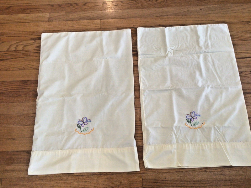 2 Vtg Pillow Cases 'Butterflies” Hand Embroidered by a Nun,19x28”,pale yellow