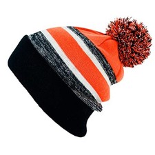 Kids Cuffed Beanie Knit Stripe Pom Winter Hat 2-5T Black/Orange