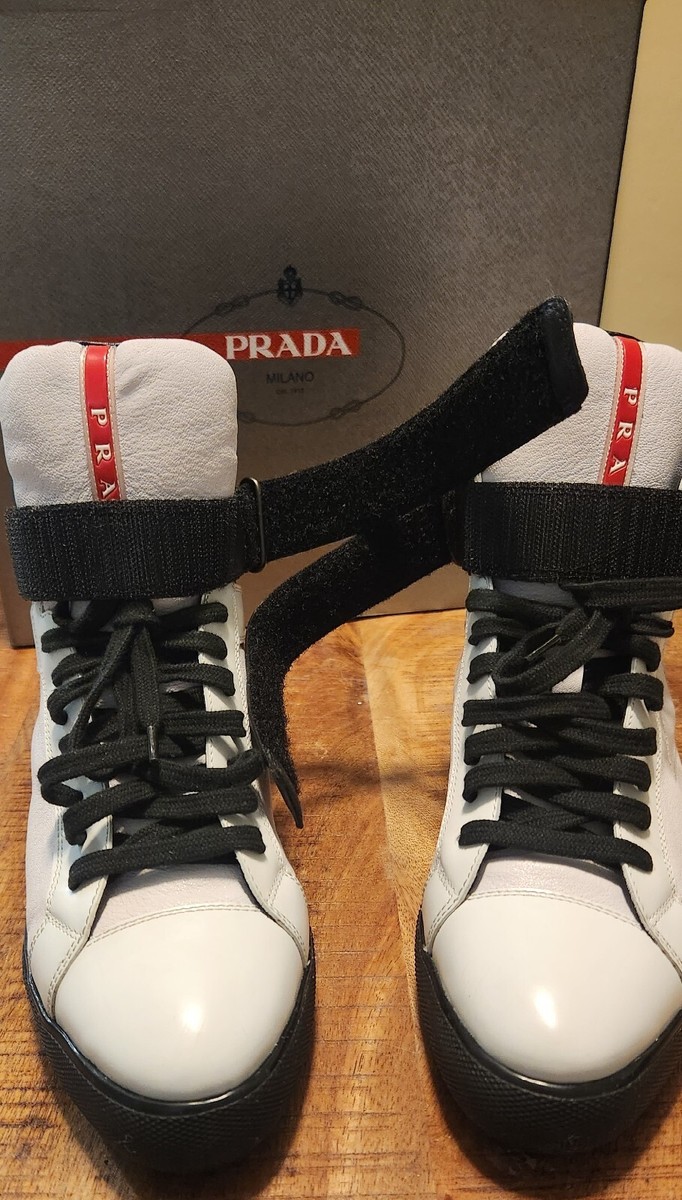 Prada Mens Bianco + Nero White Leather High Top Sneakers SIZE 37