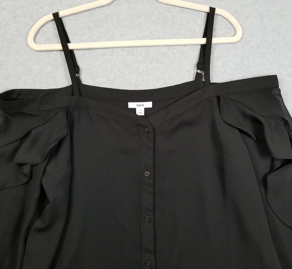 Top bar III para mujer grande L negro manga larga con volantes fuera del hombro abotonado Foto 2 de 4