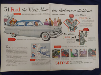 1954 VTG Original Magazine Ad FORD 2PG The Worth More Car Declares A Dividend
