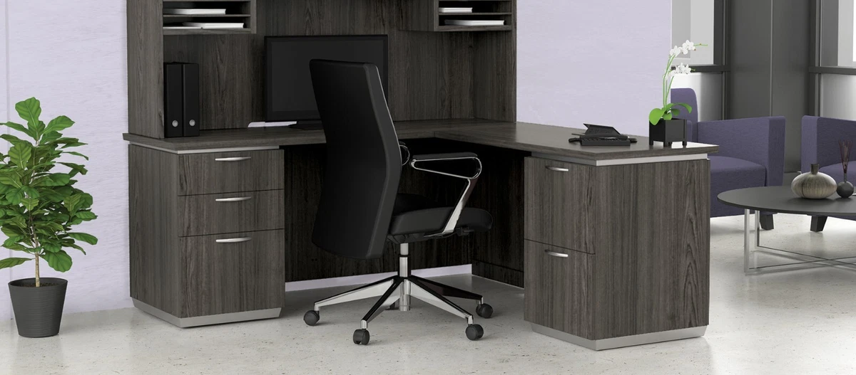 Small L Shaped Desk with Power Modern Office Furniture in Gray or