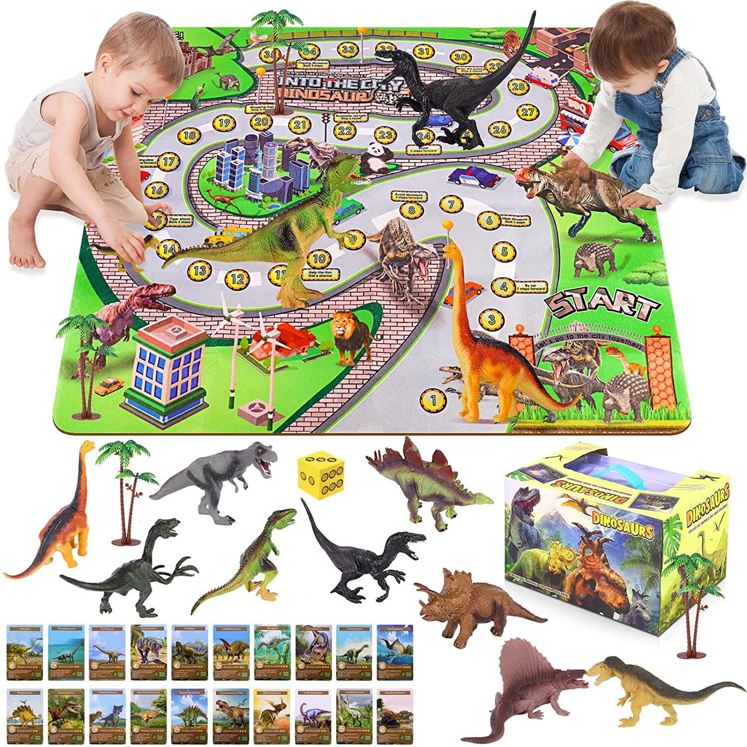 Kids Dinosaur Play Toys with Activity Play Mat Trees Realistic Dinosaur Play Set