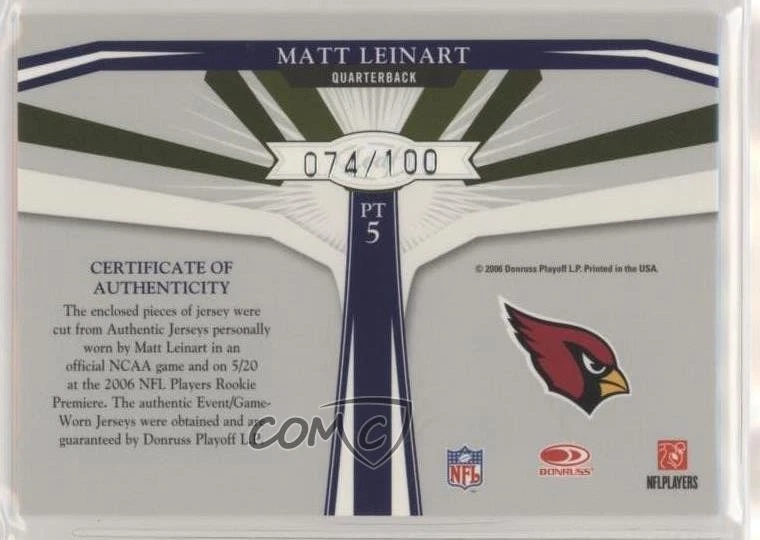 2006 Leaf Limited Player Threads /100 Matt Leinart #PT5 Rookie RC - Image 2 of 2