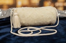 Carla Marchi Ivory White Iridescent Beaded Barrel Evening Wedding Shoulder Bag