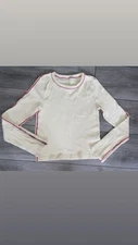 OQQ Size Small Women’s Long Sleeved Ribbed Top Cream & Pink Zipper Accents EUC