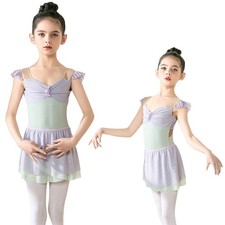 Kids Girls Dancewear Ballerina Dress With Skirt Outfit Gymnastics Ruffle Sleeve