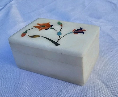 White Marble Stone Inlaid Trinket Box Floral Flowers Jewelry Holder - Picture 3 of 9