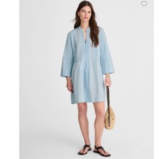 Madewell Pleated Splitneck Mini Shirtdress in Stripe Blue Linen Blend Size S NWT