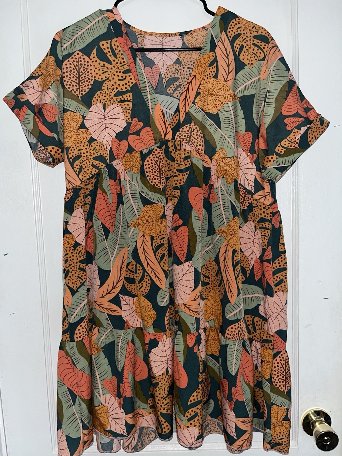 Multicolor Tropical Floral A-Line Dress Short Sleeve Ruffle Knee Length V-Neck