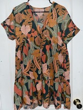Multicolor Tropical Floral A-Line Dress Short Sleeve Ruffle Knee Length V-Neck