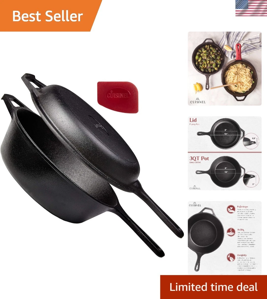 Elegant Black Cast Iron Skillet & Lid - 2-In-1 Dutch Oven for Perfect Meals