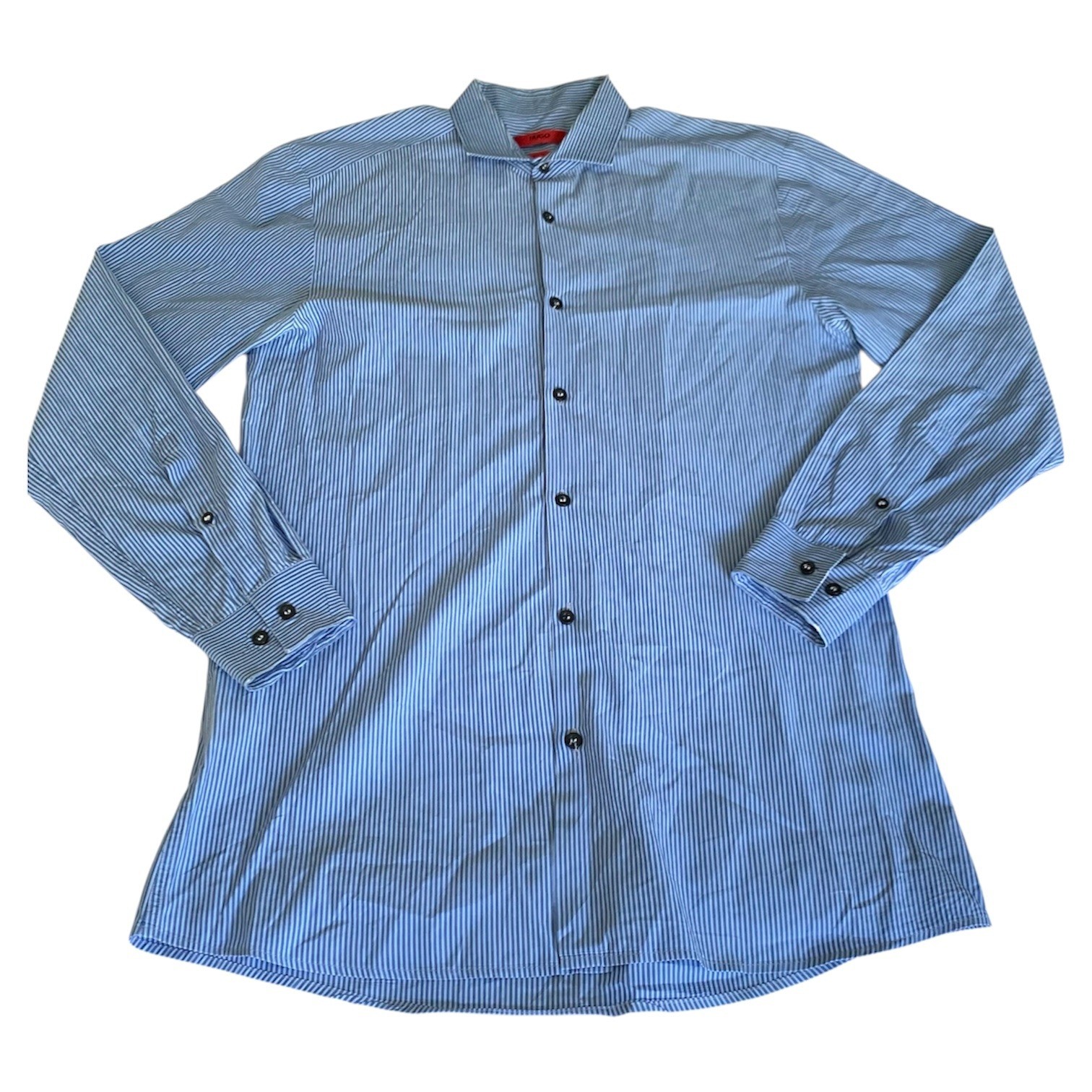 HUGO BOSS EastonX Slim Fit Dress Shirt Men 15.5 Blue Stripe Long Sleeve Button