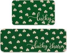 2Pcs St. Patrick  s Day Kitchen Mats Green Shamrock Kitchen Floor Rugs Lucky Clov