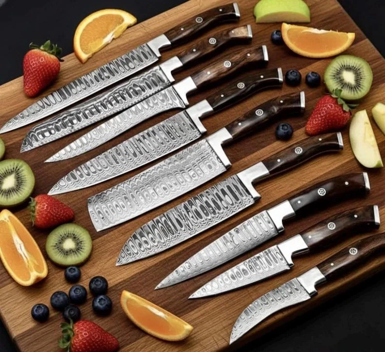 Handmade Damascus Steel 9-Piece Chef Knife Set | Wooden Handle