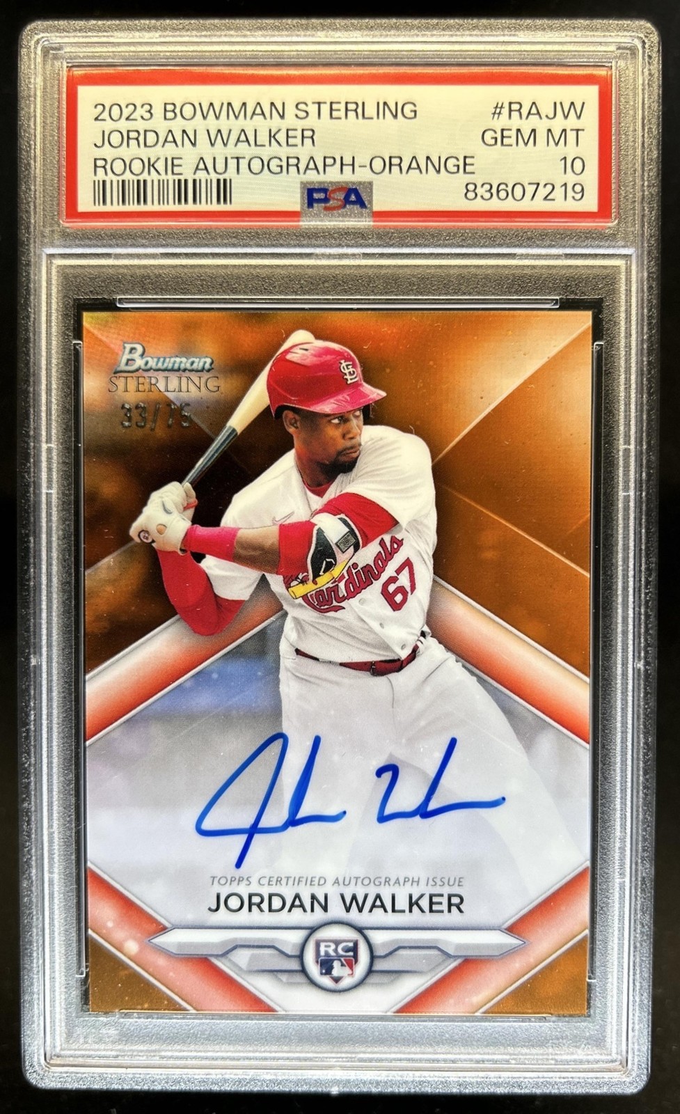 2023 Bowman Sterling Jordan Walker Rookie Auto RC Refractor Orange #/75 PSA 10