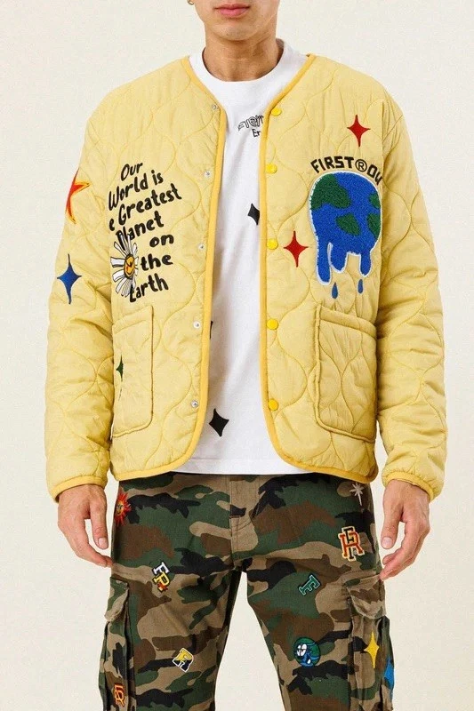 NWT Unisex SMALL First Row Quilted Jacket Yellow Melting Earth Graphic Bomber - product detail image 1