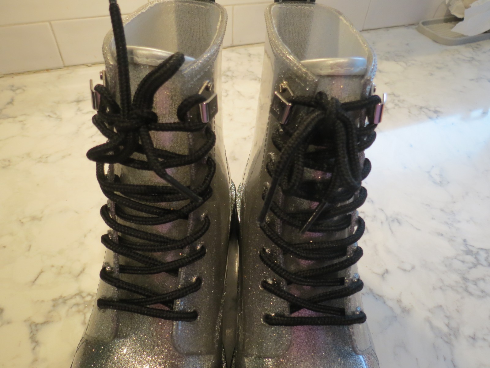 New Michael Kors silver metallic rain boots platform lace up block heel women 10 thumbnail 8