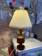Vintage Wood Table Lamp with Cream Bell Shade Switch Corded Bedroom 18in
